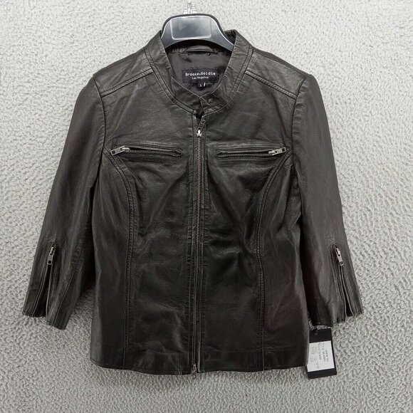 Brooke & Goldie Leather Jacket Womens Small Black Moto 3/4 Sleeve Fitted‎ Sheep - Picture 1 of 8
